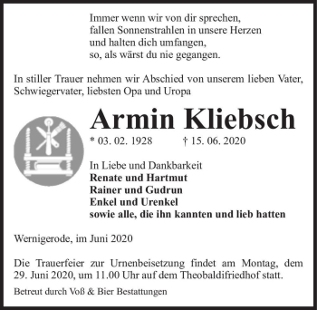Traueranzeige von Armin Kliebsch  von Magdeburger Volksstimme