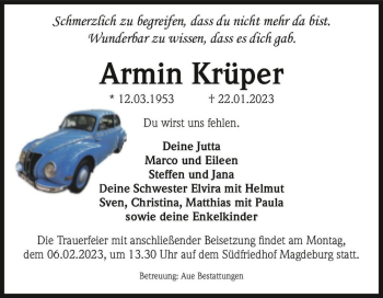 Traueranzeige von Armin Krüper  von Magdeburger Volksstimme