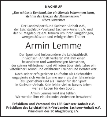 Traueranzeige von Armin Lemme  von Magdeburger Volksstimme