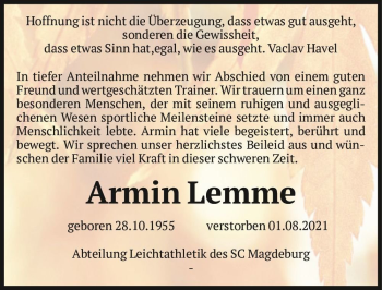 Traueranzeige von Armin Lemme  von Magdeburger Volksstimme