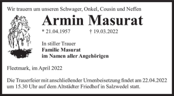 Traueranzeige von Armin Masurat  von Magdeburger Volksstimme