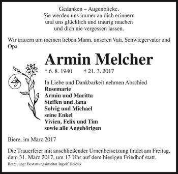 Traueranzeige von Armin Melcher  von Magdeburger Volksstimme