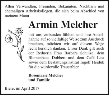 Traueranzeige von Armin Melcher  von Magdeburger Volksstimme