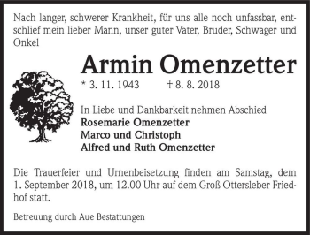 Traueranzeige von Armin Omenzetter  von Magdeburger Volksstimme
