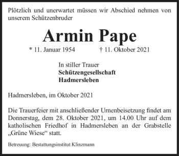Traueranzeige von Armin Pape  von Magdeburger Volksstimme