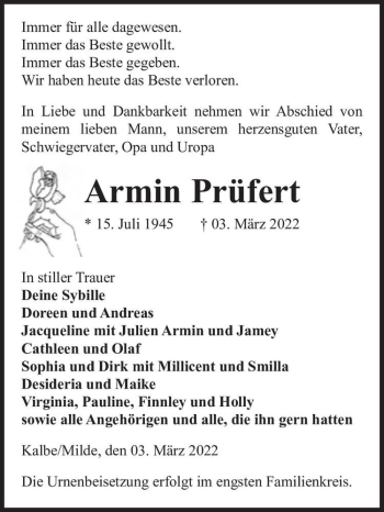 Traueranzeige von Armin Prüfert  von Magdeburger Volksstimme