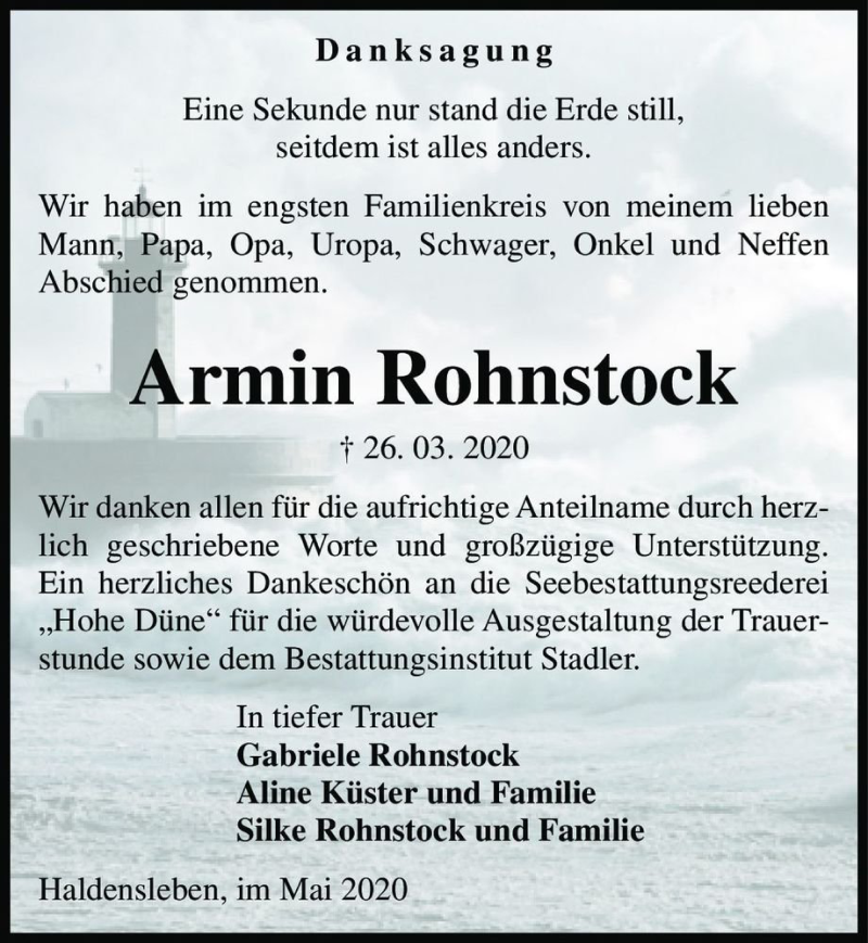  Traueranzeige für Armin Rohnstock  vom 09.05.2020 aus Magdeburger Volksstimme
