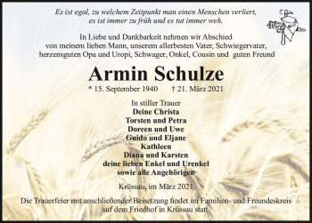 Traueranzeige von Armin Schulze  von Magdeburger Volksstimme
