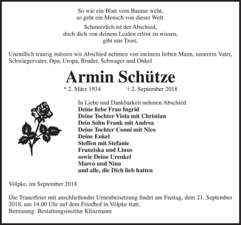 Traueranzeige von Armin Schütze  von Magdeburger Volksstimme