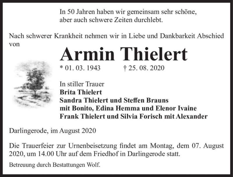  Traueranzeige für Armin Thielert  vom 29.08.2020 aus Magdeburger Volksstimme