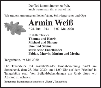 Traueranzeige von Armin Weiß  von Magdeburger Volksstimme