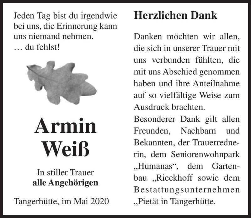  Traueranzeige für Armin Weiß  vom 28.05.2020 aus Magdeburger Volksstimme