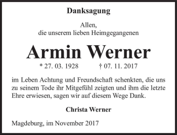 Traueranzeige von Armin Werner  von Magdeburger Volksstimme