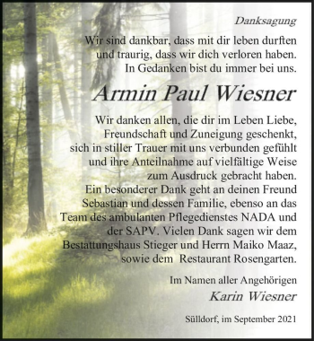 Traueranzeige von Armin Wiesner  von Magdeburger Volksstimme