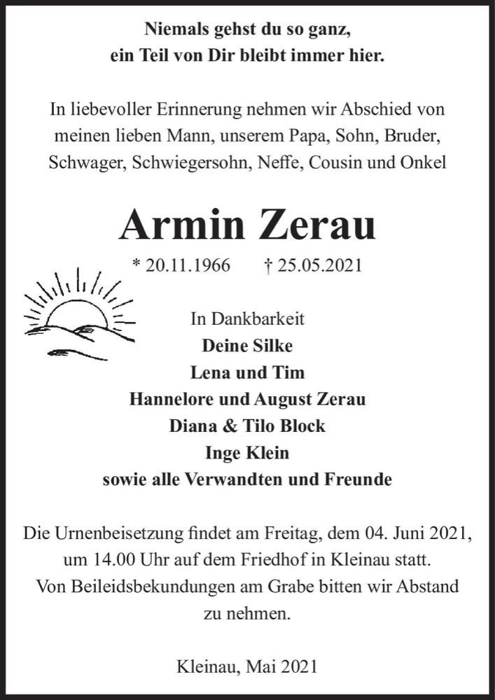  Traueranzeige für Armin Zerau  vom 29.05.2021 aus Magdeburger Volksstimme