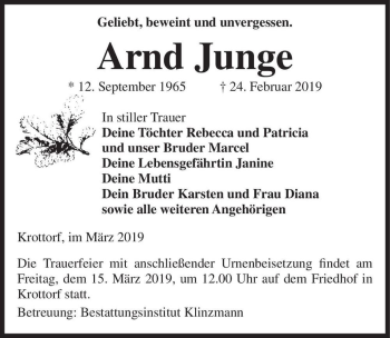 Traueranzeige von Arnd Junge  von Magdeburger Volksstimme