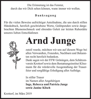 Traueranzeige von Arnd Junge  von Magdeburger Volksstimme