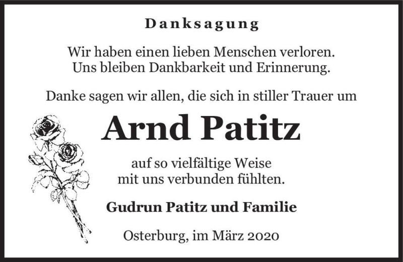  Traueranzeige für Arnd Patitz  vom 07.03.2020 aus Magdeburger Volksstimme
