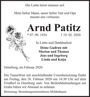 Traueranzeige von Arndt Patitz  von Magdeburger Volksstimme