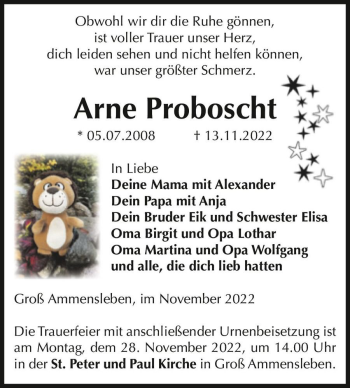 Traueranzeige von Arne Proboscht  von Magdeburger Volksstimme