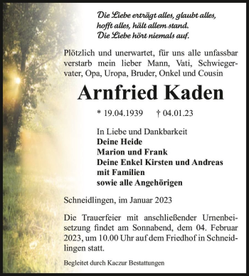 Traueranzeige von Arnfried Kaden  von Magdeburger Volksstimme