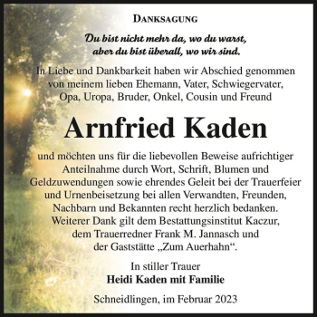 Traueranzeige von Arnfried Kaden  von Magdeburger Volksstimme