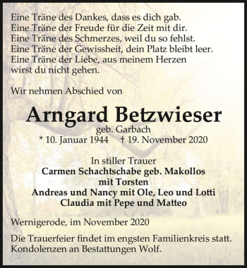 Traueranzeige von Arngard Betzwieser (geb. Garbach)  von Magdeburger Volksstimme