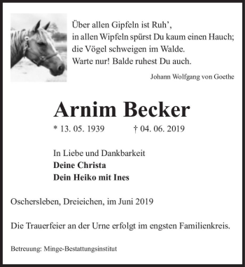 Traueranzeige von Arnim Becker  von Magdeburger Volksstimme