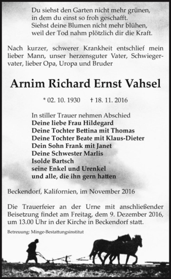 Traueranzeige von Arnim Richard Ernst Vahsel  von Magdeburger Volksstimme