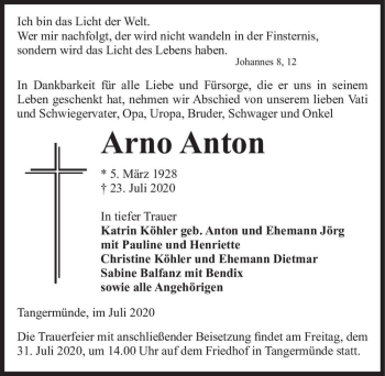 Traueranzeige von Arno Anton  von Magdeburger Volksstimme