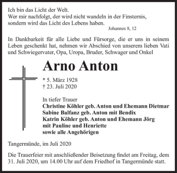 Traueranzeige von Arno Anton  von Magdeburger Volksstimme