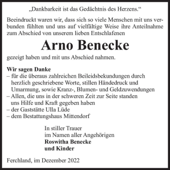 Traueranzeige von Arno Benecke  von Magdeburger Volksstimme