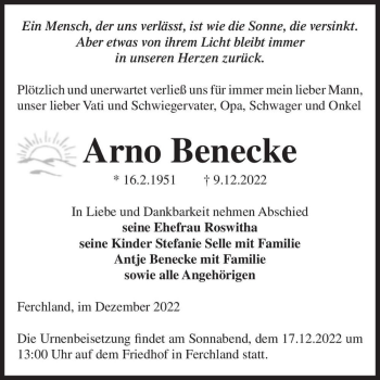 Traueranzeige von Arno Benecke  von Magdeburger Volksstimme