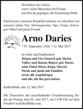 Traueranzeige von Arno Daries  von Magdeburger Volksstimme