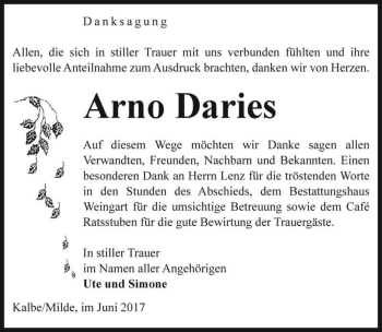 Traueranzeige von Arno Daries  von Magdeburger Volksstimme