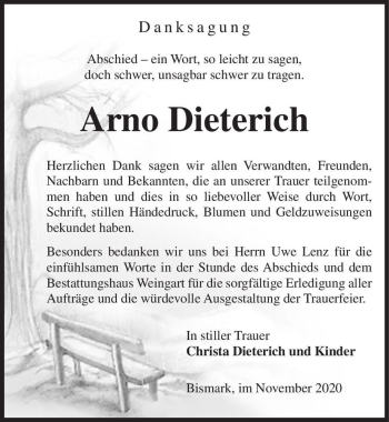 Traueranzeige von Arno Dieterich  von Magdeburger Volksstimme