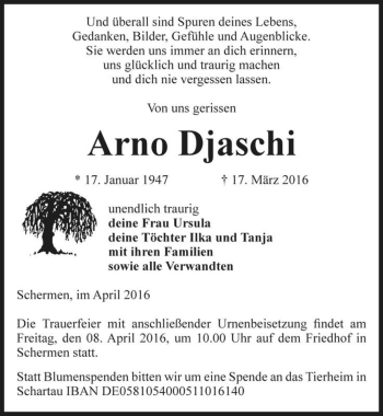 Traueranzeige von Arno Djaschi  von Magdeburger Volksstimme