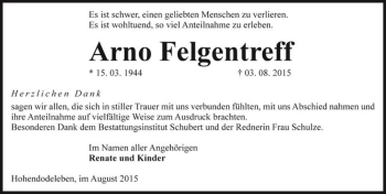 Traueranzeige von Arno Felgentreff  von Magdeburger Volksstimme
