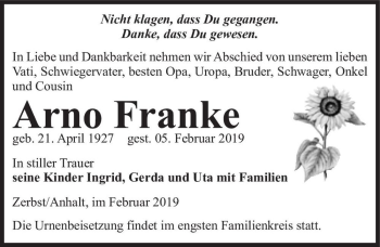 Traueranzeige von Arno Franke  von Magdeburger Volksstimme