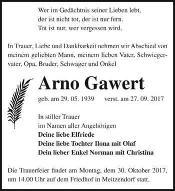Traueranzeige von Arno Gawert  von Magdeburger Volksstimme