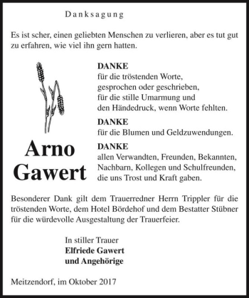 Traueranzeige von Arno Gawert  von Magdeburger Volksstimme