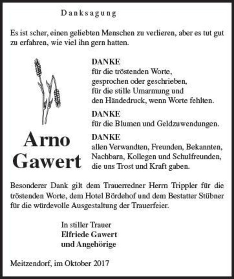  Traueranzeige für Arno Gawert  vom 04.11.2017 aus Magdeburger Volksstimme