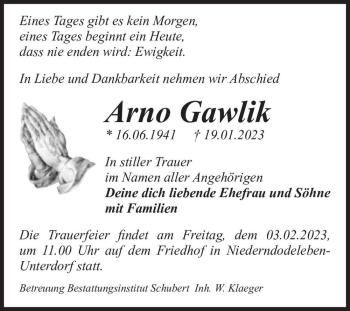 Traueranzeige von Arno Gawlik  von Magdeburger Volksstimme