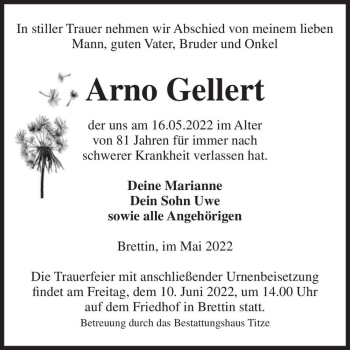 Traueranzeige von Arno Gellert  von Magdeburger Volksstimme