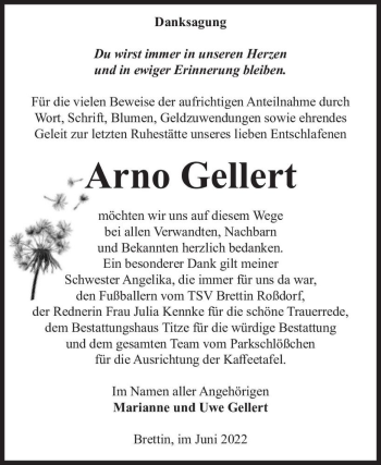Traueranzeige von Arno Gellert  von Magdeburger Volksstimme