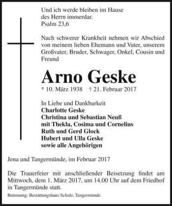 Traueranzeige von Arno Geske  von Magdeburger Volksstimme