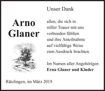 Traueranzeige von Arno Glaner  von Magdeburger Volksstimme