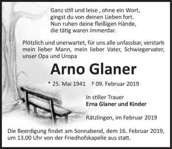 Traueranzeige von Arno Glaner  von Magdeburger Volksstimme