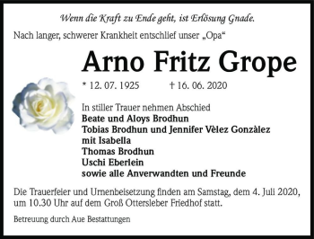 Traueranzeige von Arno Grope  von Magdeburger Volksstimme