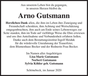 Traueranzeige von Arno Gutsmann  von Magdeburger Volksstimme